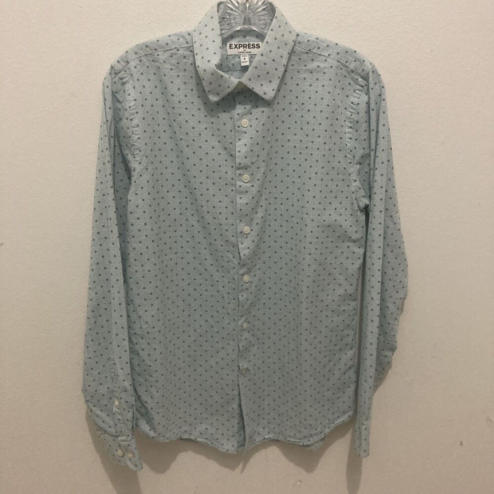 Express Shirt Small 14-14.5 Blue Geometric Long Sleeve Button Front Extra Slim